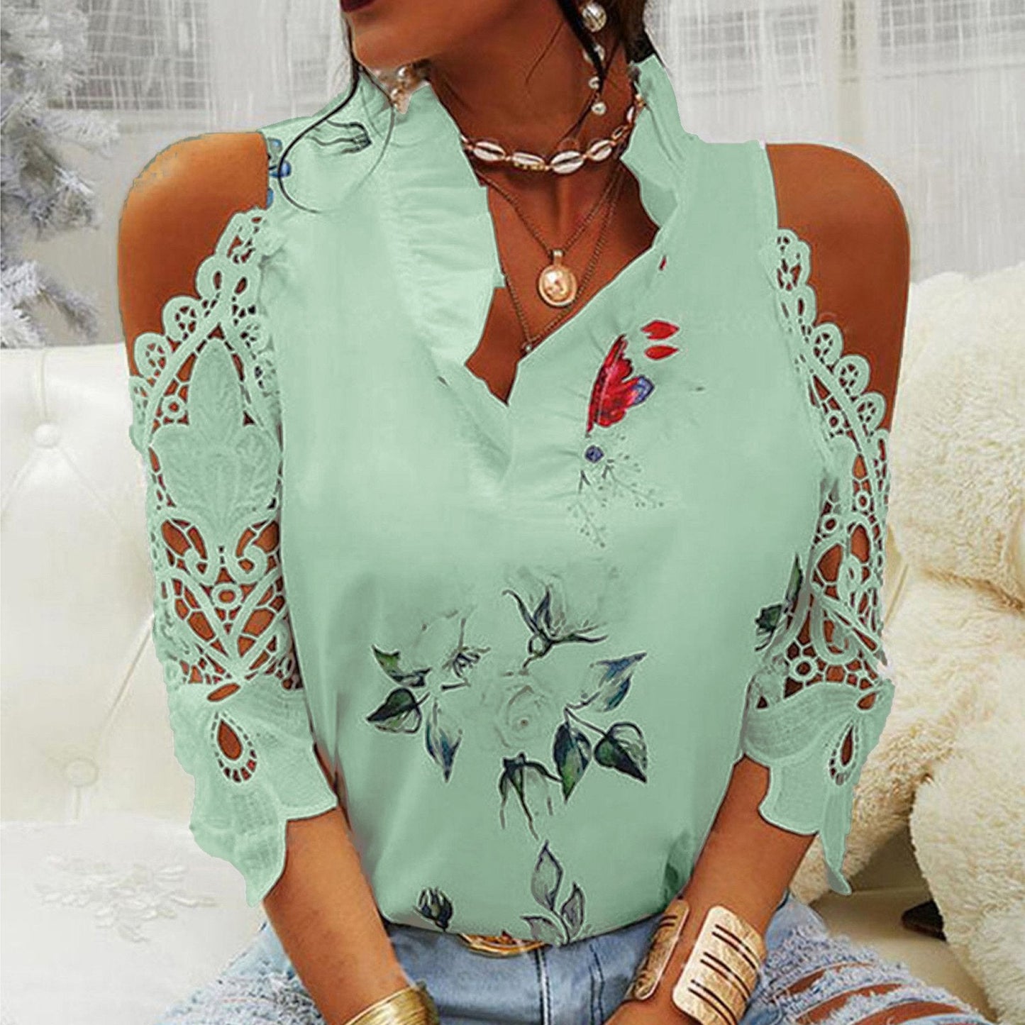 Women's Top Flower Print Off Shoulder Lace Panel Long Sleeves