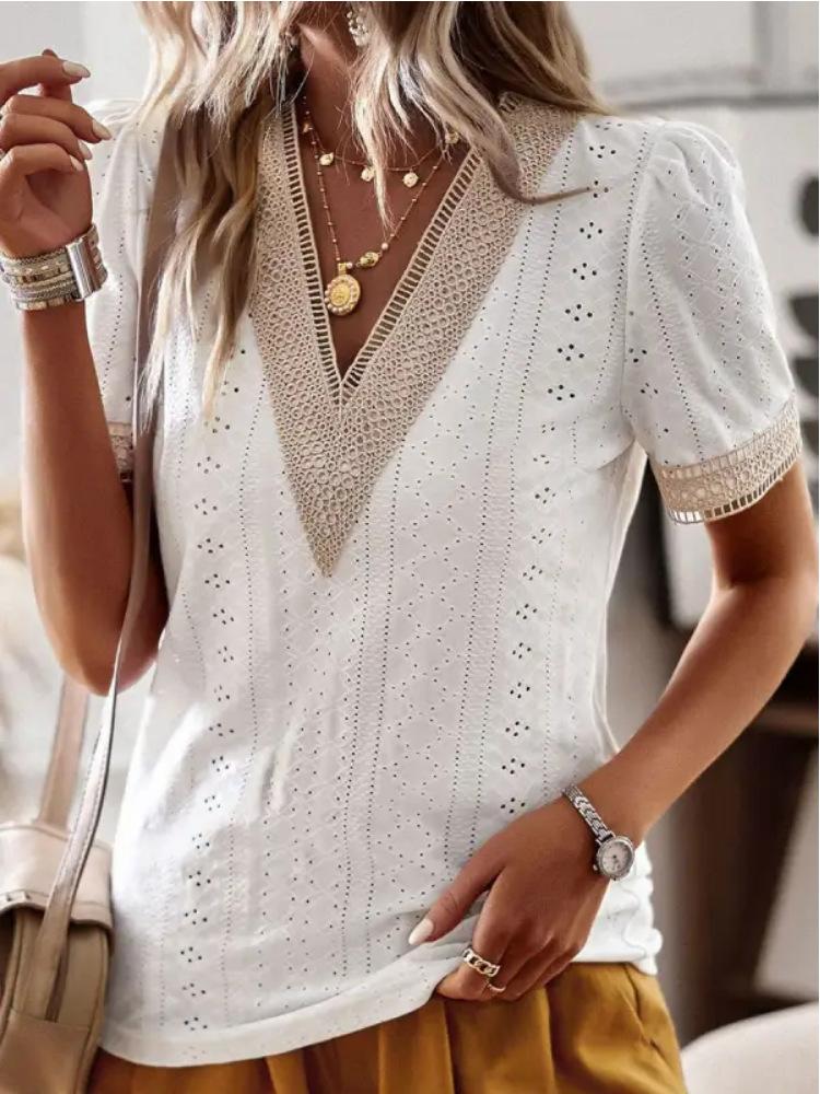 V-Neck Lace Cutout Short Sleeve Shirt