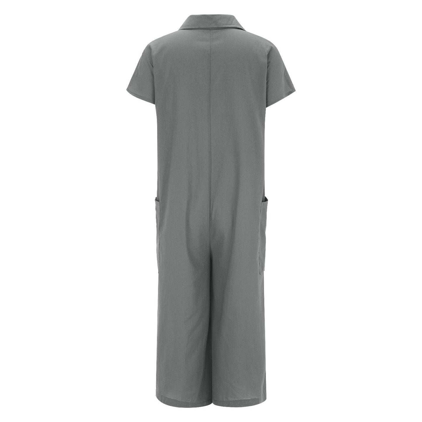 Women's solid color casual short-sleeved mid-length cotton linen shirt jumpsuit