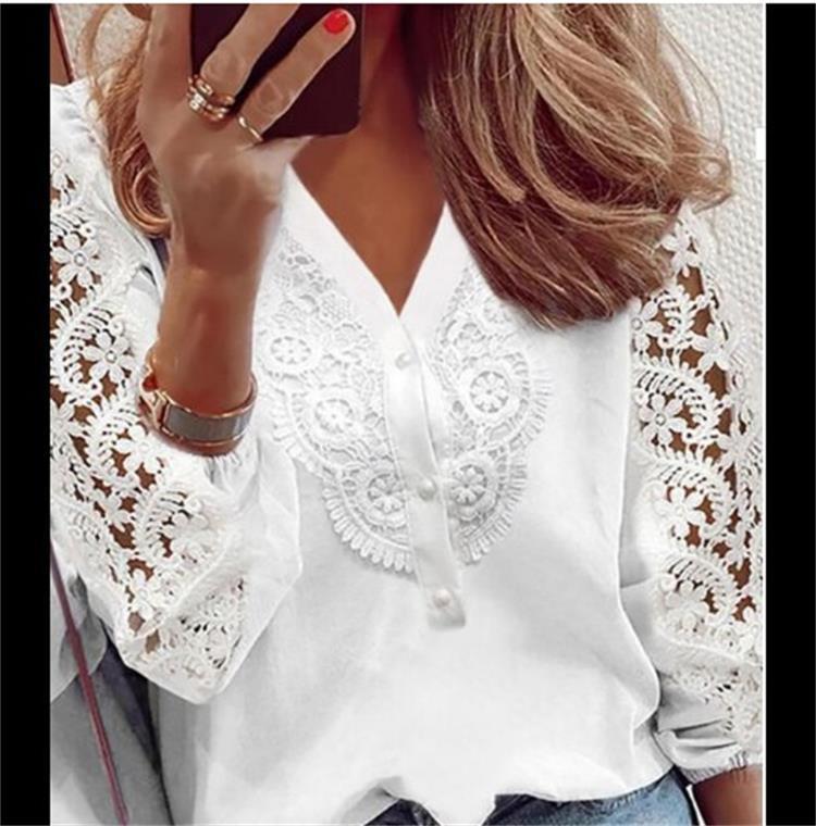 V-neck lace top print stitching long-sleeved shirt