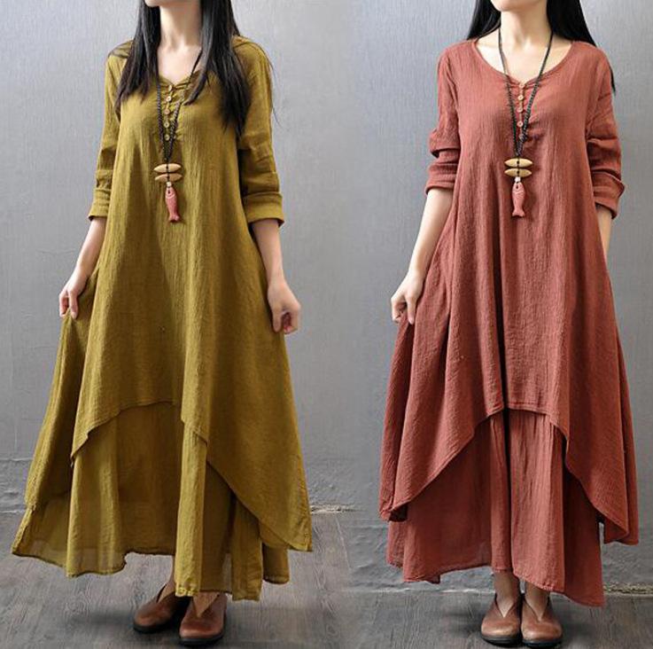 Casual loose fake two-piece long-sleeved cotton and linen dress
