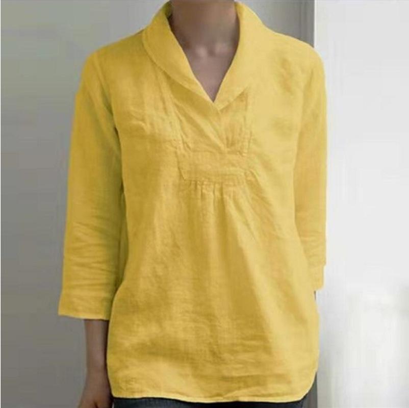 Nine quarter sleeve pullover loose cotton linen casual solid color top
