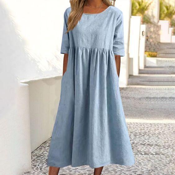 Round Neck Casual Loose Long Solid Color Cotton Linen Dress