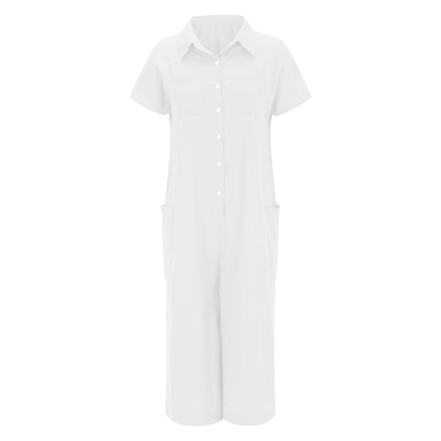Women's solid color casual short-sleeved mid-length cotton linen shirt jumpsuit