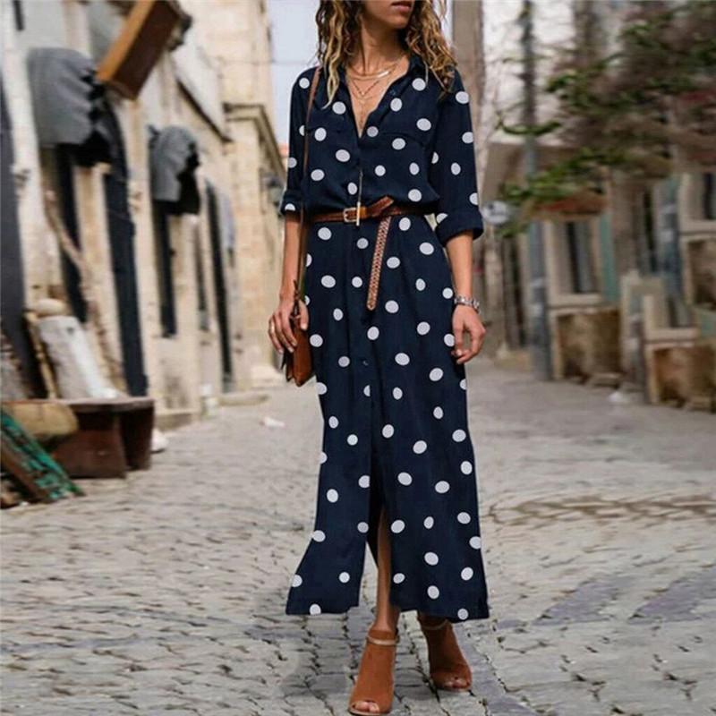 Polka-dot single-breasted maxi shirt dress
