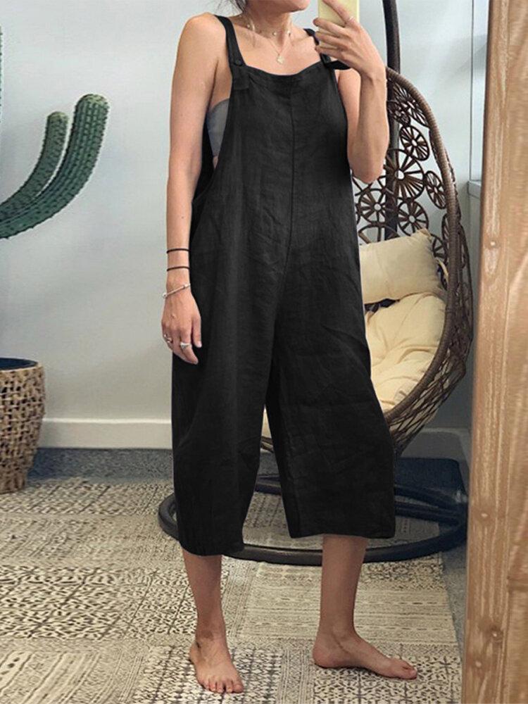 Solid color cotton cropped loose casual suspenders jumpsuit