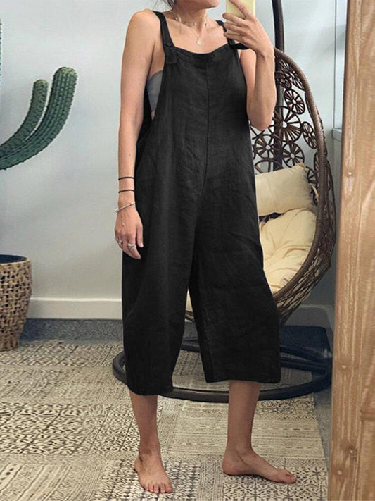 Solid color cotton cropped loose casual suspenders jumpsuit