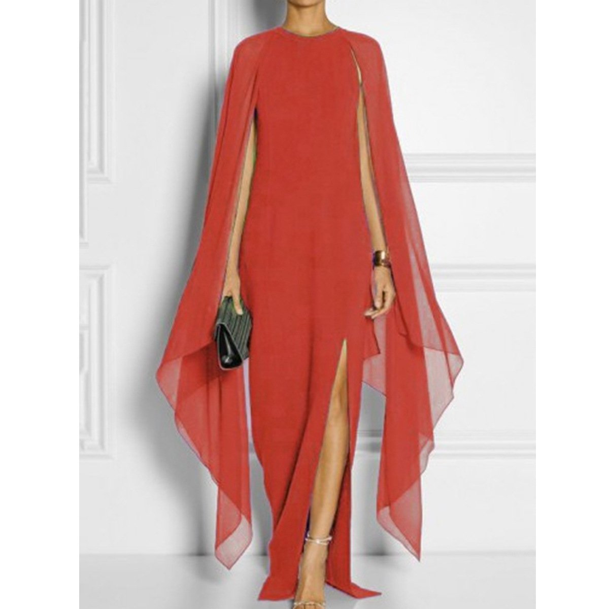 Elegant Thigh Split Hem Cloak Sleeve Maxi Dress