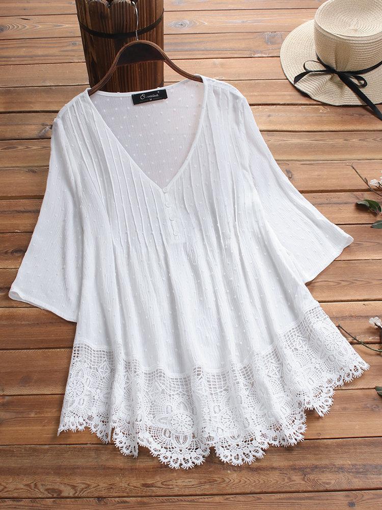 Plus Solid V Neck Lace Trim Long Sleeve Blouse