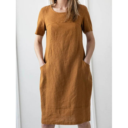 Retro large size solid color cotton and linen slim mid-length short-sleeved dress