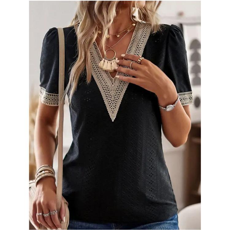V-Neck Lace Cutout Short Sleeve Shirt