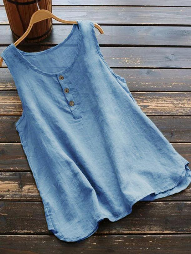 Solid color cotton and linen crew neck vest shirt