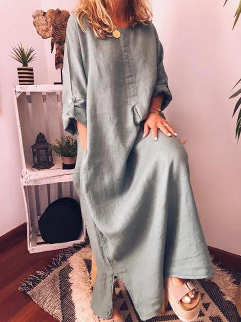Women's cotton linen solid color loose dress