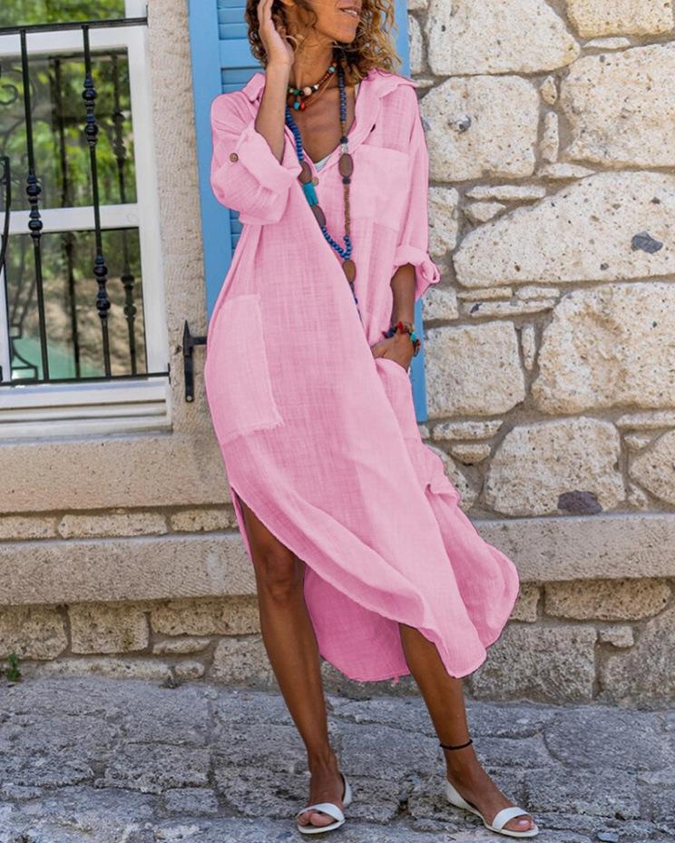 Solid color cotton and linen long-sleeved slit casual long shirt dress