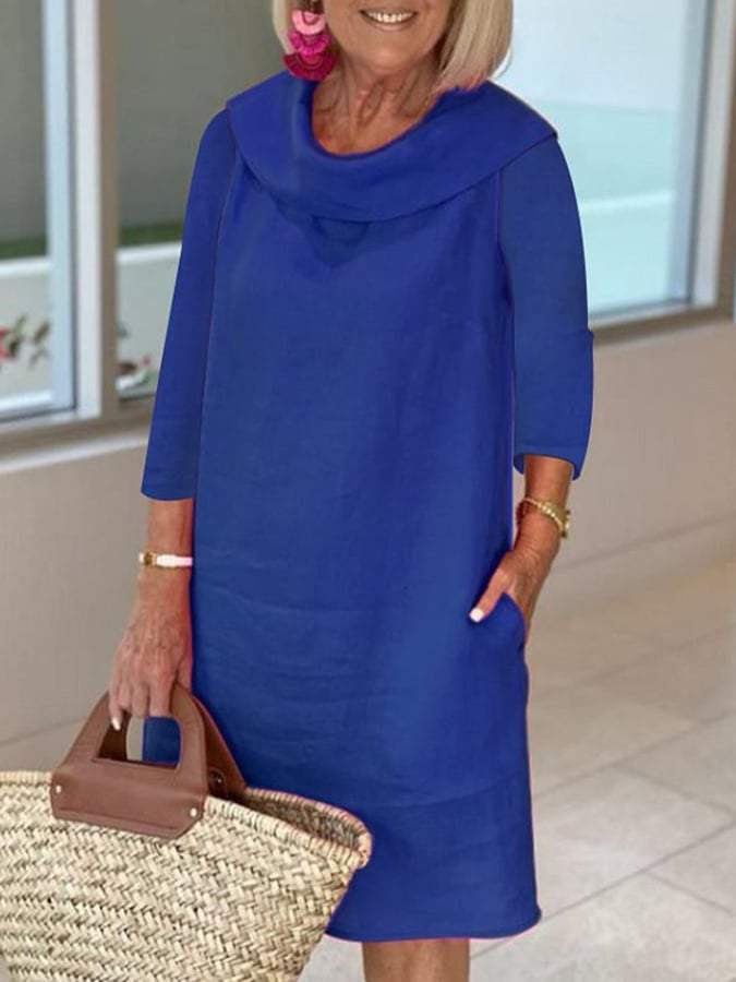 Cotton linen long-sleeved casual solid color dress