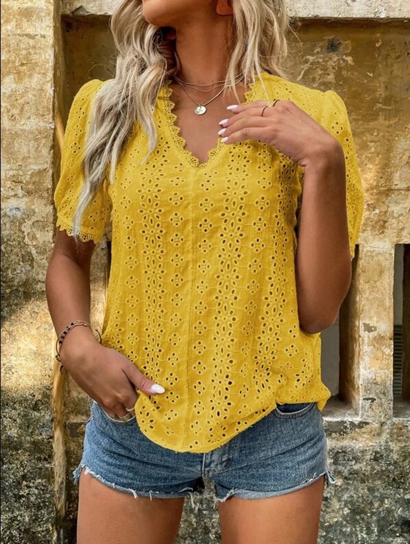 women's solid color short sleeve hollow shirt