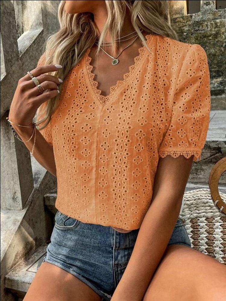 women's solid color short sleeve hollow shirt