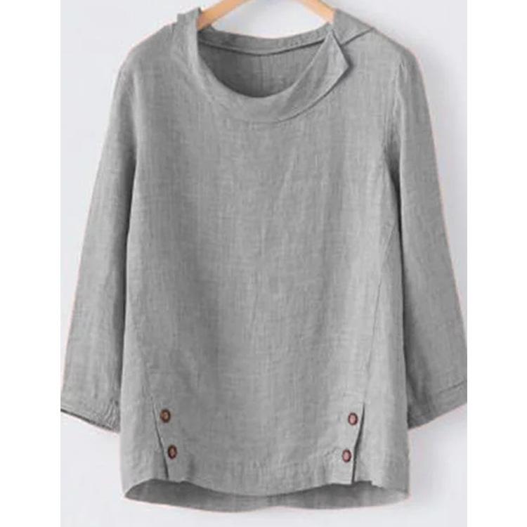 Women's Cotton Linen Long Sleeve Hem Button Solid Color Shirt