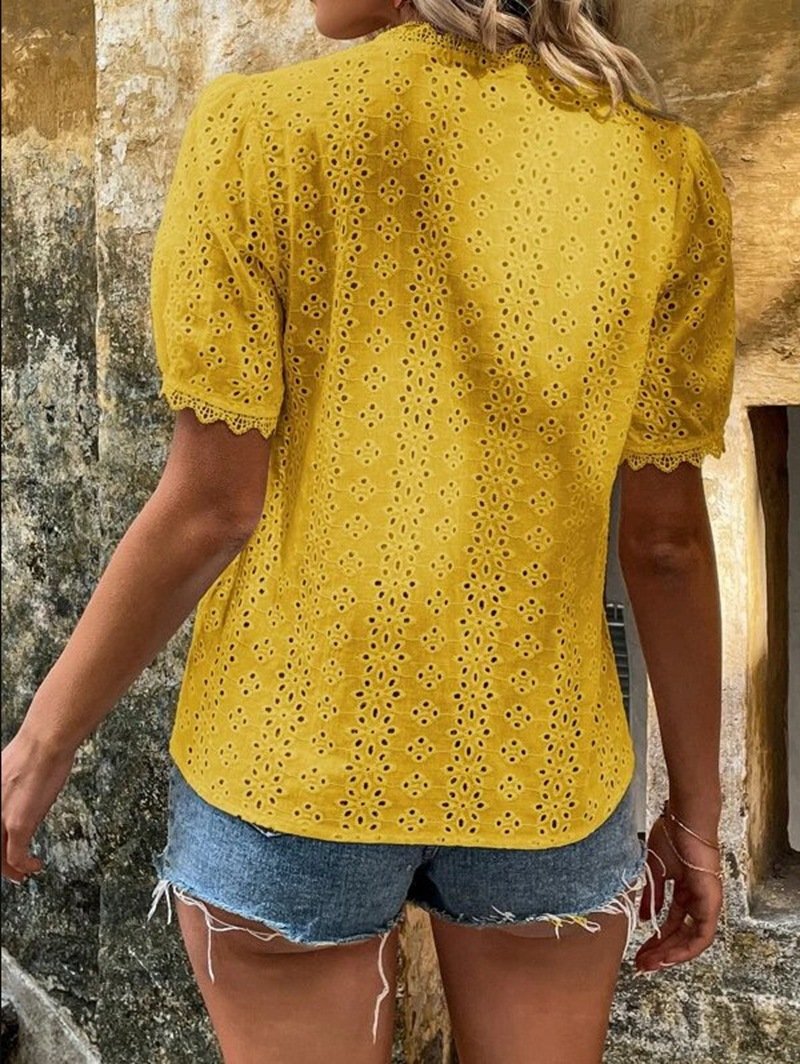 women's solid color short sleeve hollow shirt