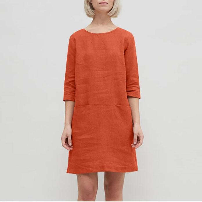 Half Sleeve Solid Color Round Neck Pocket Casual Dress