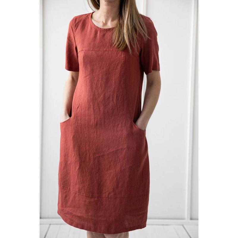 Retro large size solid color cotton and linen slim mid-length short-sleeved dress