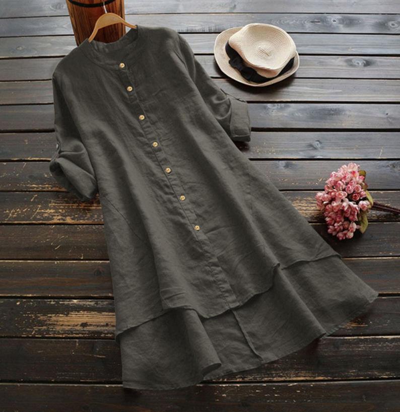 Women's Solid Color Button Cotton Linen Long Sleeve Long Shirt