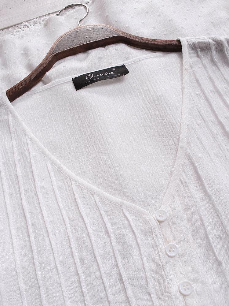 Plus Solid V Neck Lace Trim Long Sleeve Blouse