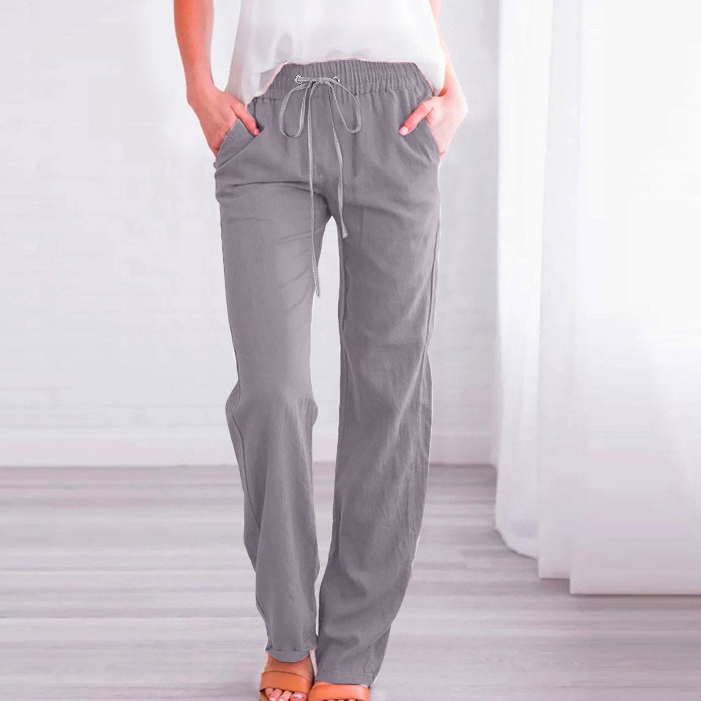 Solid color cotton and linen drawstring loose casual wide-leg trousers