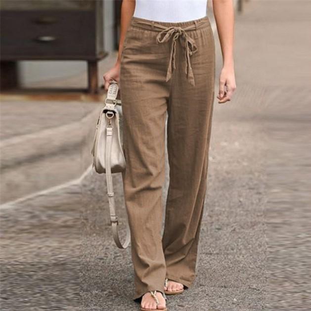 Solid color lace-up casual loose straight-leg trousers