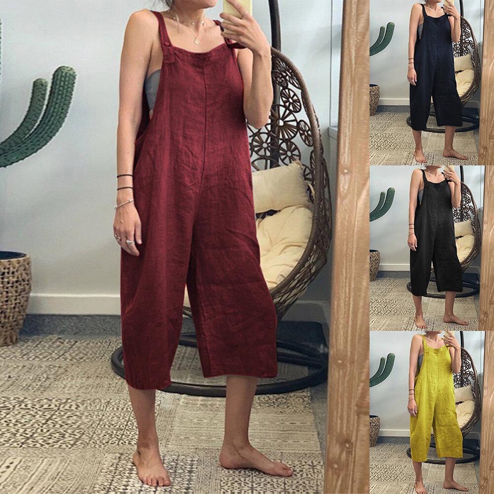 Solid color cotton cropped loose casual suspenders jumpsuit