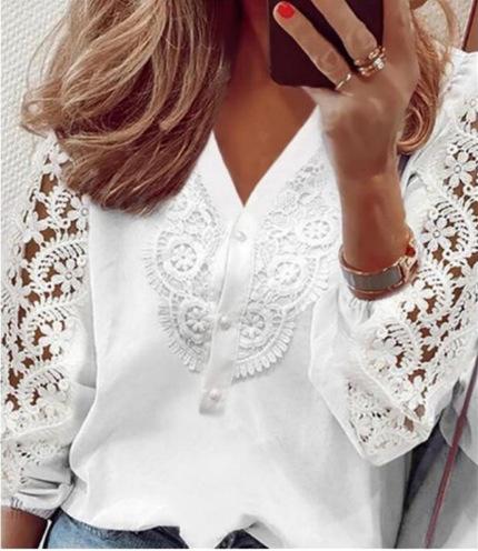 V-neck lace top print stitching long-sleeved shirt