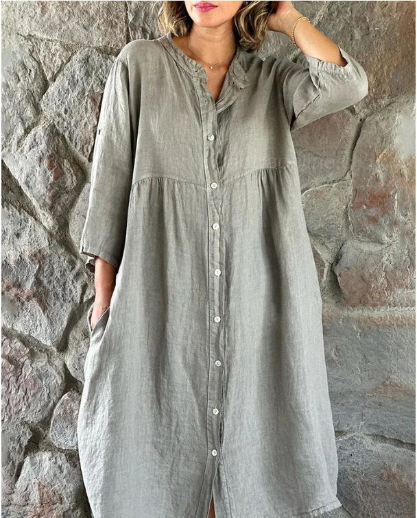 Cotton linen solid color casual stand collar button long dress