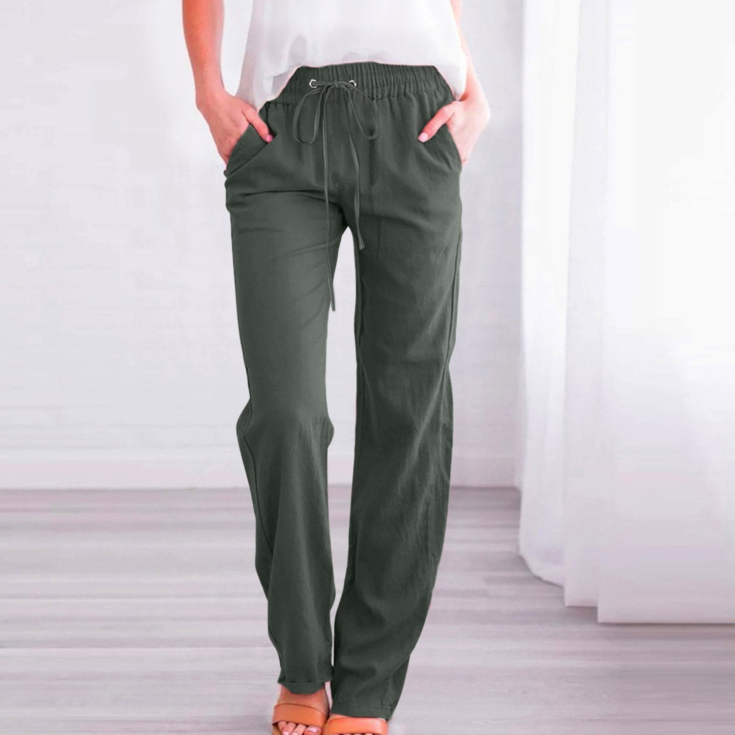 Solid color cotton and linen drawstring loose casual wide-leg trousers
