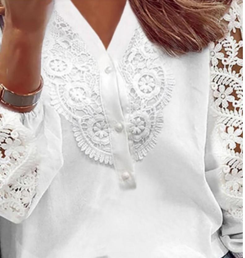 V-neck lace top print stitching long-sleeved shirt