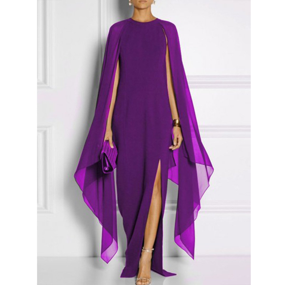 Elegant Thigh Split Hem Cloak Sleeve Maxi Dress