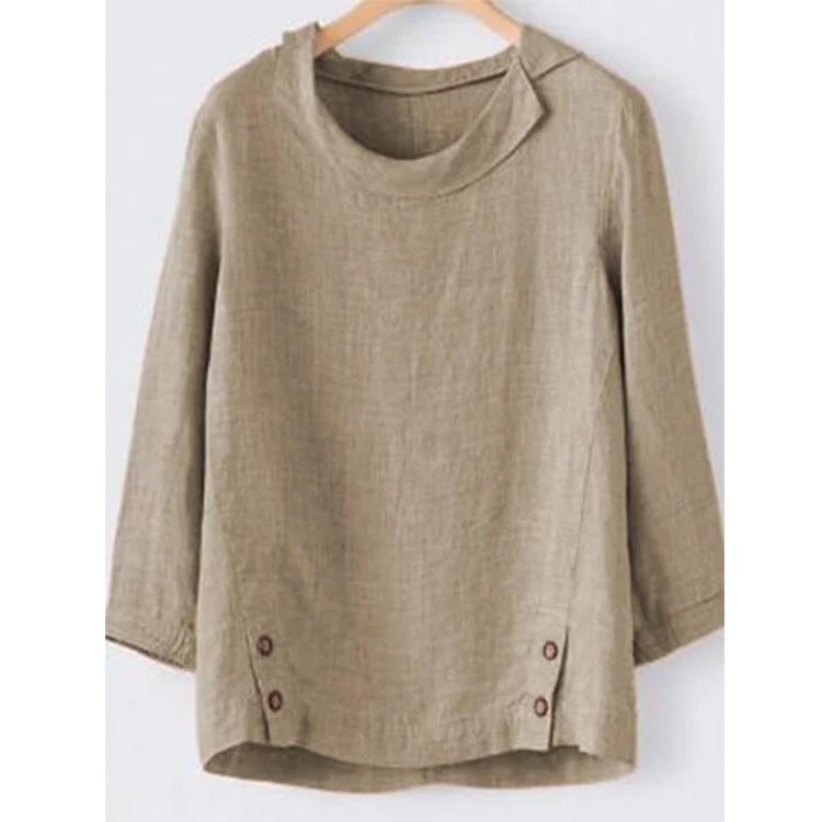 Women's Cotton Linen Long Sleeve Hem Button Solid Color Shirt