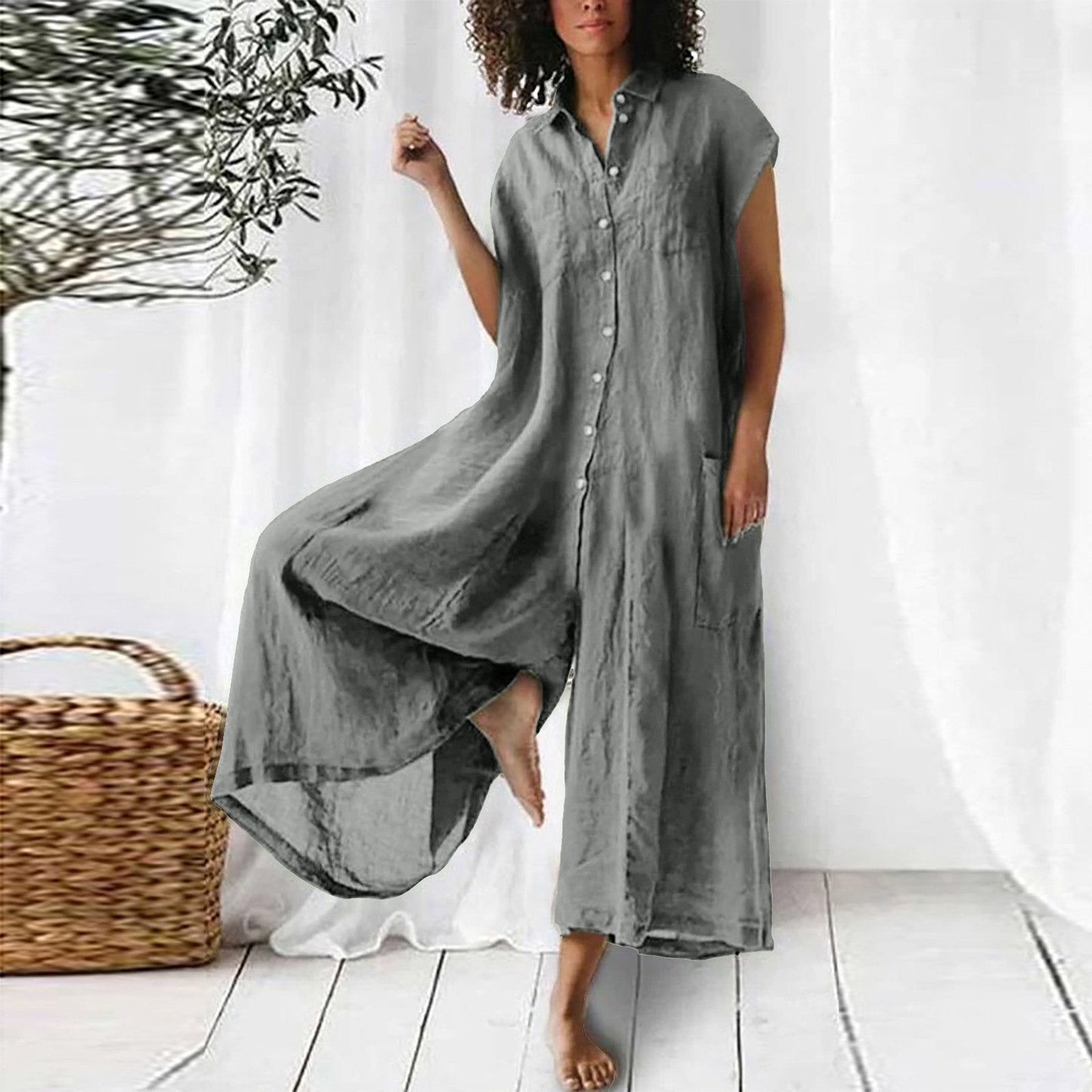 Women's solid color casual short-sleeved mid-length cotton linen shirt jumpsuit