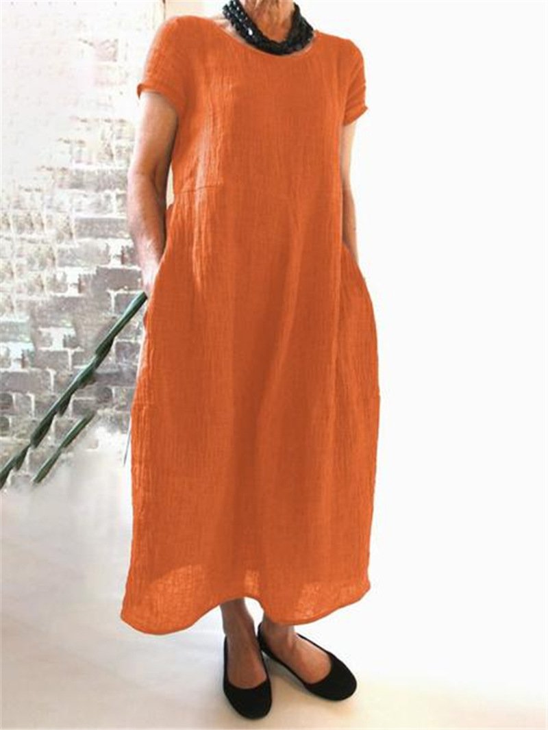 Solid Color Retro Loose Cotton Linen Dress
