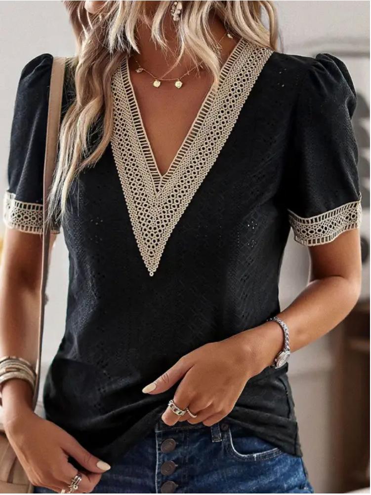 V-Neck Lace Cutout Short Sleeve Shirt
