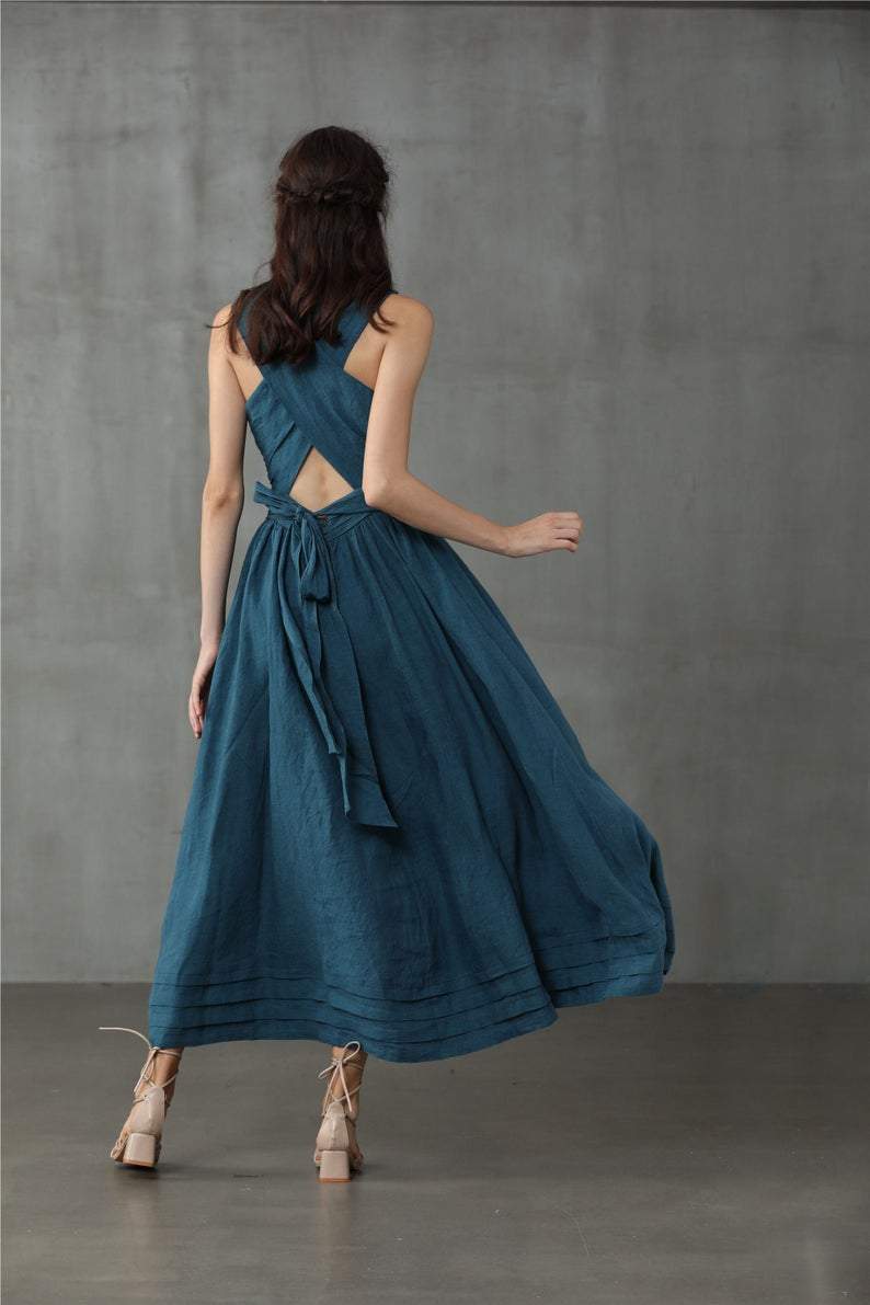 Ladies Cross Back Linen Dress