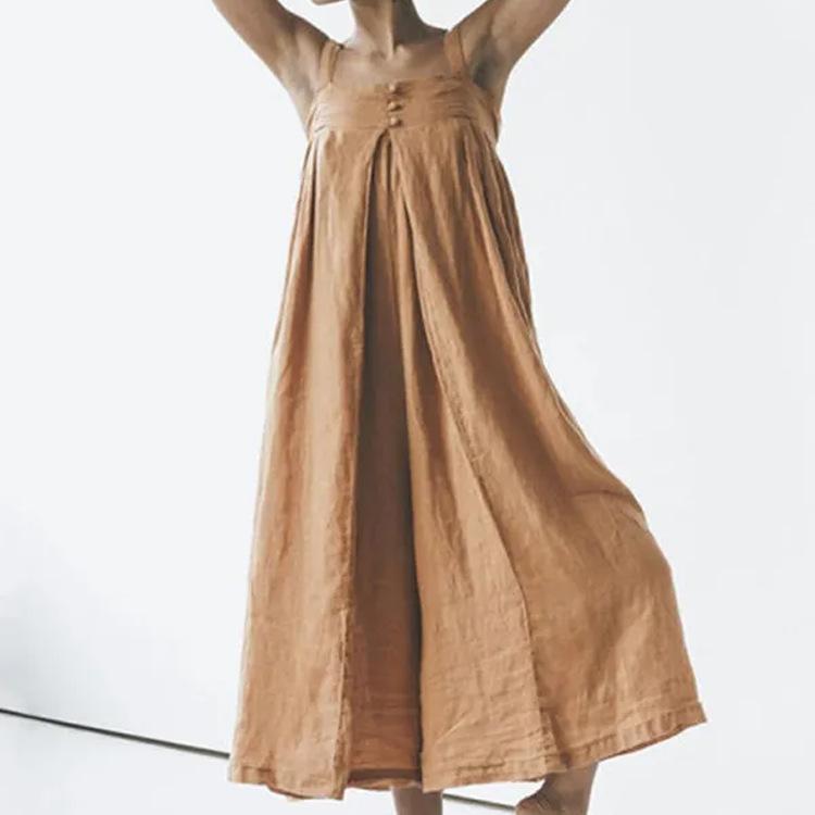 Women's cotton and linen solid color casual jumpsuit