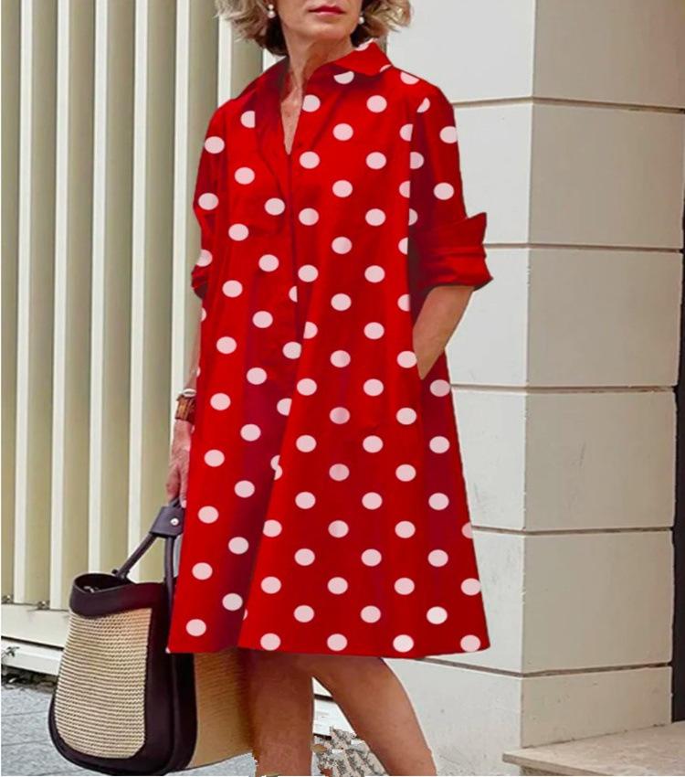 Polka-dot print shirt collar long-sleeved pocket midi dress