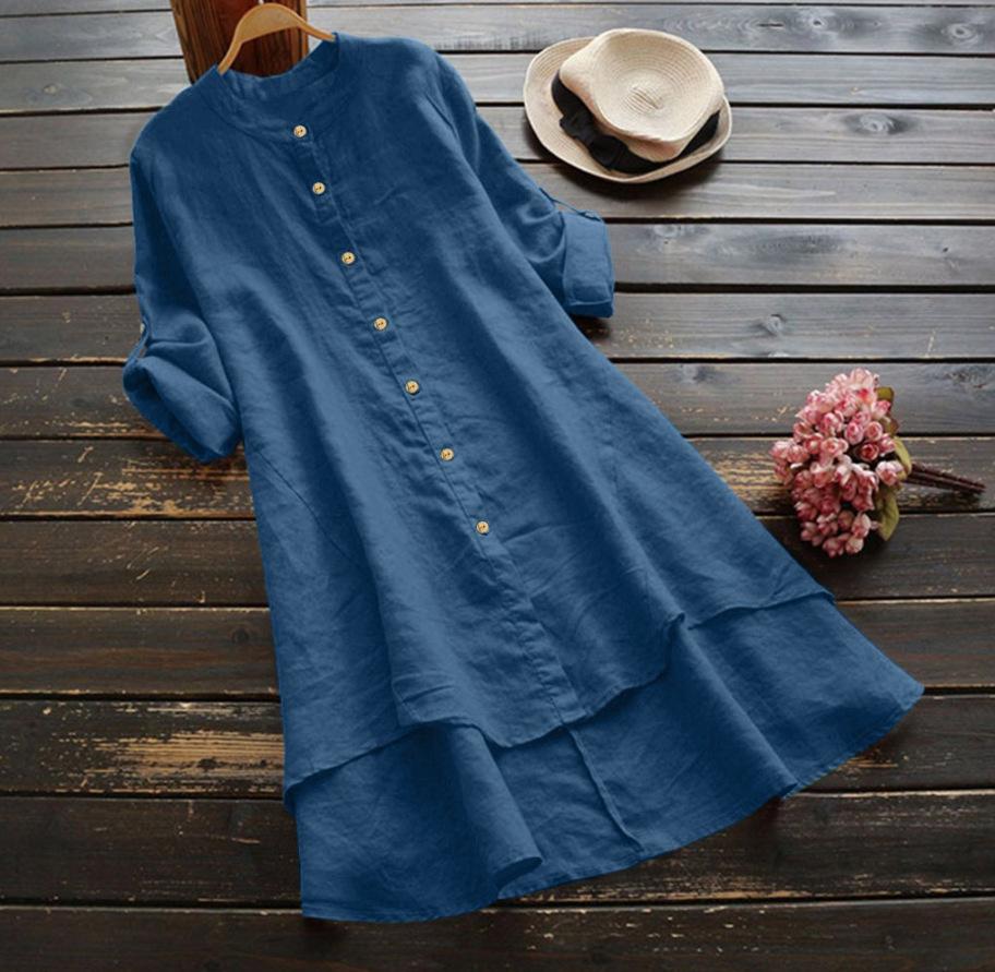 Women's Solid Color Button Cotton Linen Long Sleeve Long Shirt