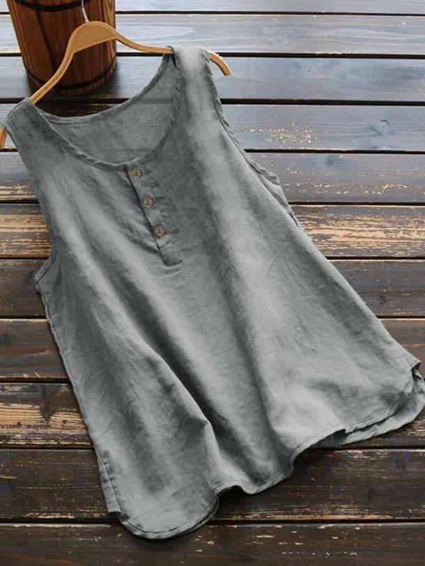 Solid color cotton and linen crew neck vest shirt