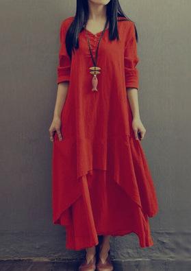 Casual loose fake two-piece long-sleeved cotton and linen dress