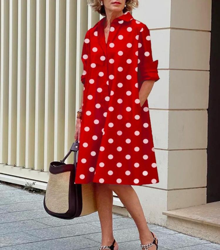 Polka-dot print shirt collar long-sleeved pocket midi dress