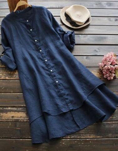 Women's Solid Color Button Cotton Linen Long Sleeve Long Shirt