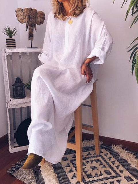 Women's cotton linen solid color loose dress