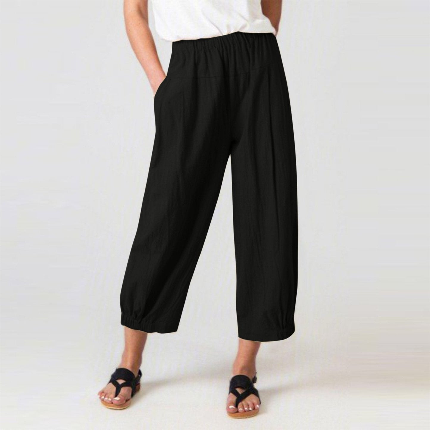 Loose harem high waist cotton linen cropped wide-leg women's pants