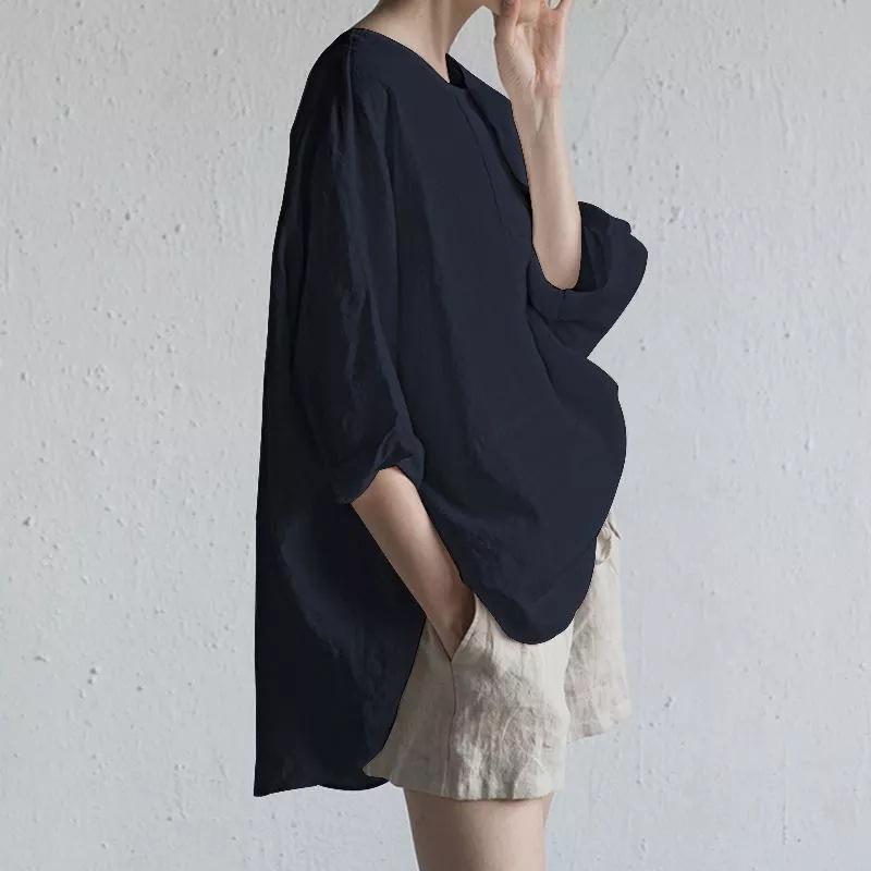 Round Neck Cotton Linen Half Sleeve Casual Pullover Top